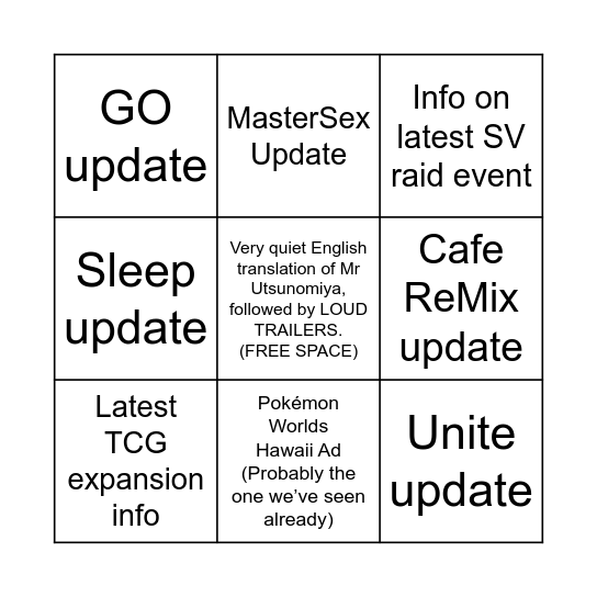 Pokémon Presents Realistic Bingo Card