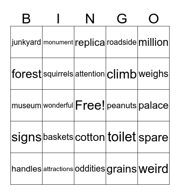 Roadside Oddities Bingo Card