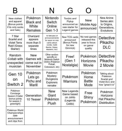 Pokémon Day Bingo Card