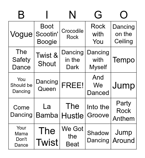 Songs About Dancing Bingo Card