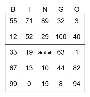 Les numeros 0-100 Bingo Card