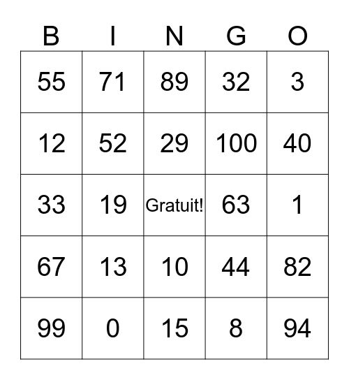Les numeros 0-100 Bingo Card