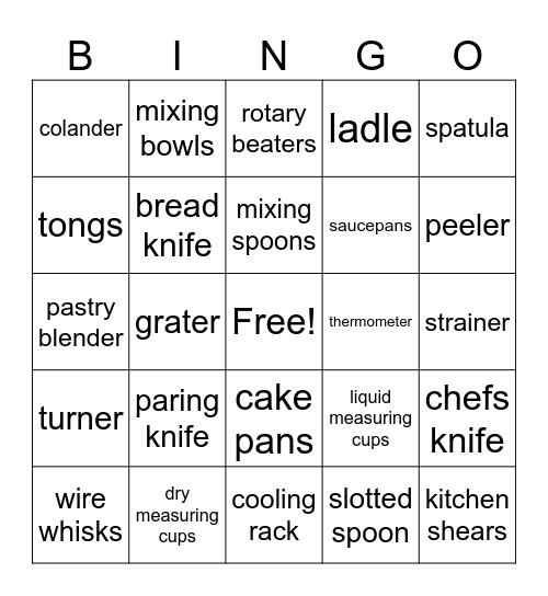 kitchen utensils Bingo Card