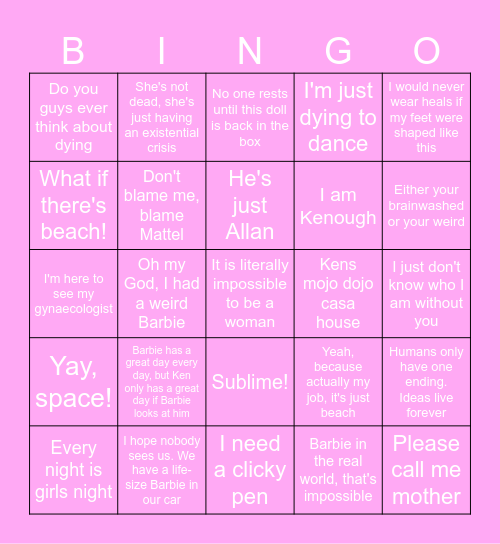 Barbie Movie Bingo Card