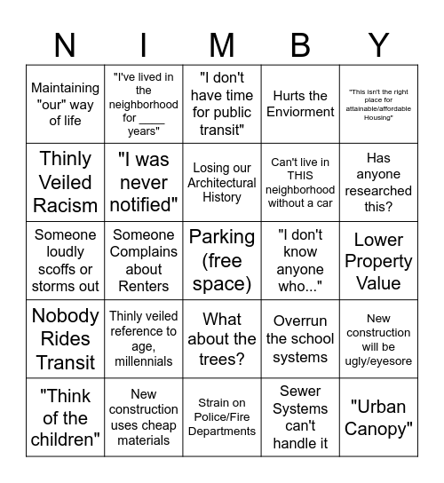 NIMBY Bingo Card