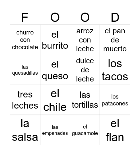 Comida Latina Bingo Card