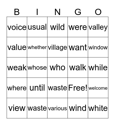 GSL U-V-W BINGO Card