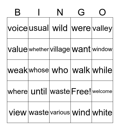 GSL U-V-W BINGO Card