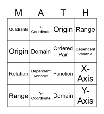 Coordinate Plane and Functions Vocabulary Bingo Card