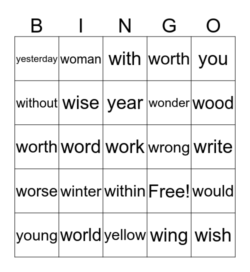 GSL W-Y BINGO Card