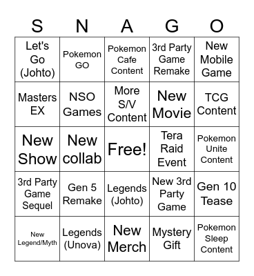 SNAGO Bingo Card