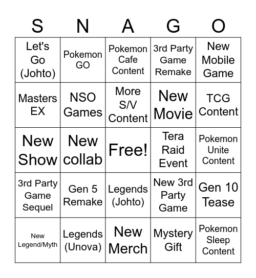 SNAGO Bingo Card