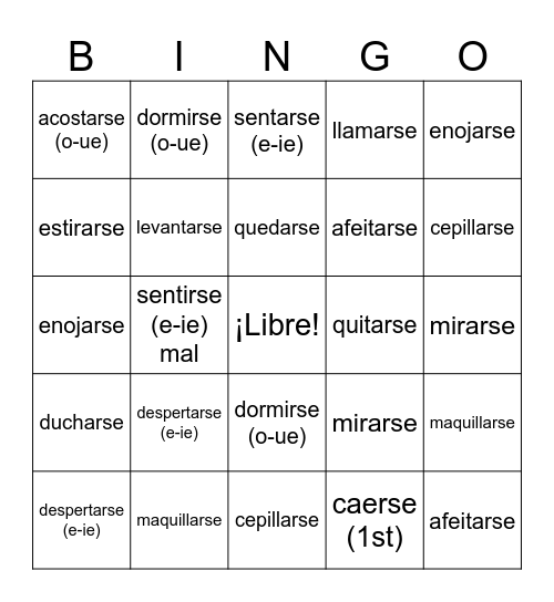 2.1 Reflexve Verbs Bingo Card