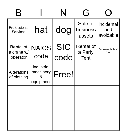 Tangible personal property bingo card