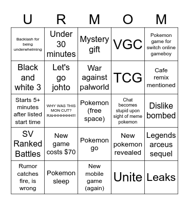 Pokemon Presents 2/27 Bingo Card
