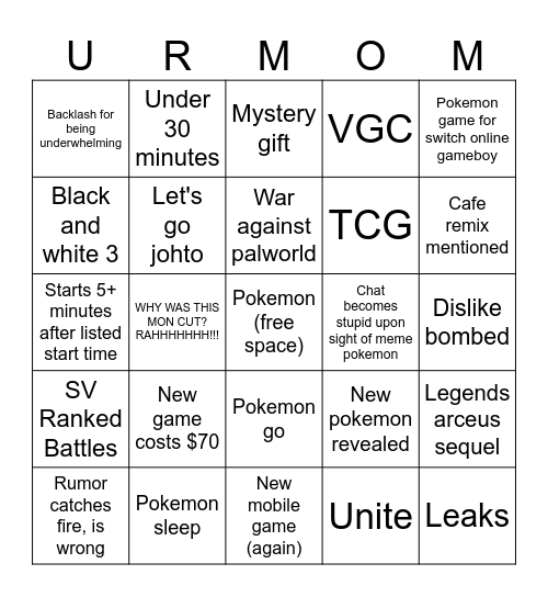 Pokemon Presents 2/27 Bingo Card