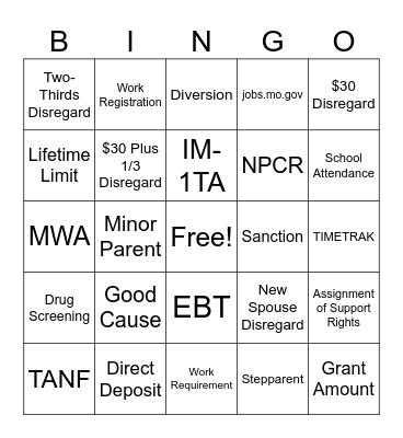 Temporary Assistance Bingo Card