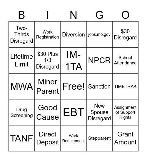 Temporary Assistance Bingo Card