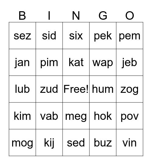 CVC Words Bingo Card