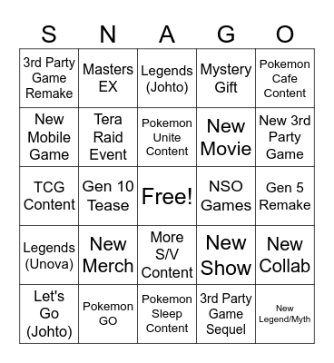 SNAGO Bingo Card