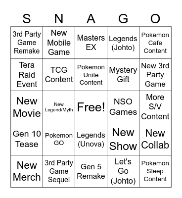 SNAGO Bingo Card