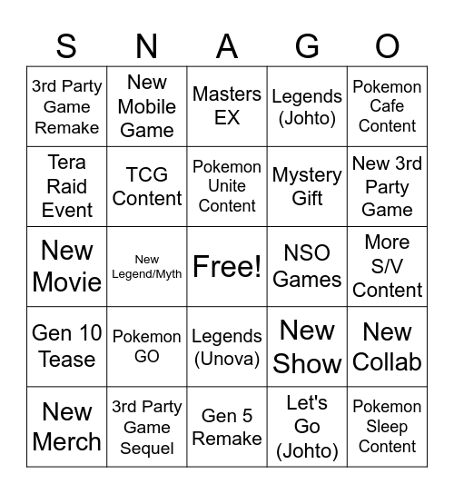 SNAGO Bingo Card