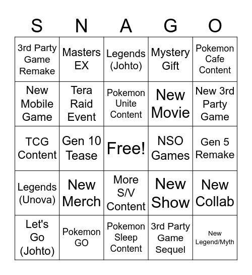 SNAGO Bingo Card