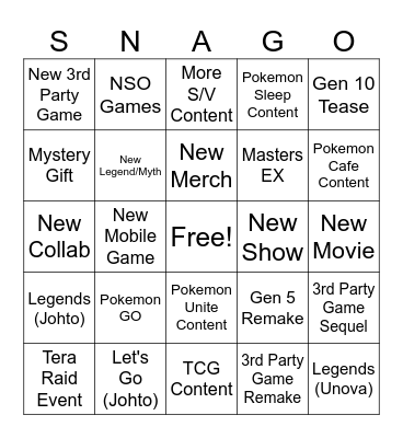 SNAGO Bingo Card