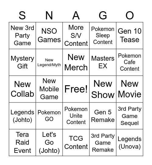 SNAGO Bingo Card