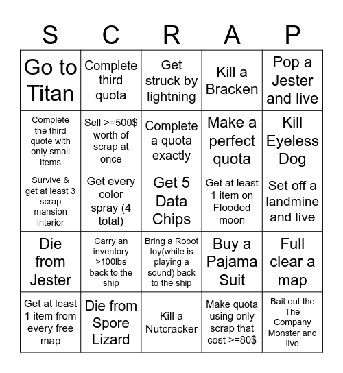 Lethal Company 1v1 BINGO Card