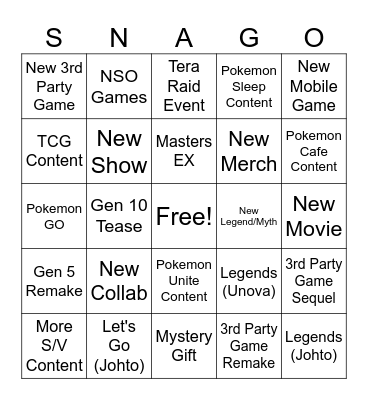 SNAGO Bingo Card