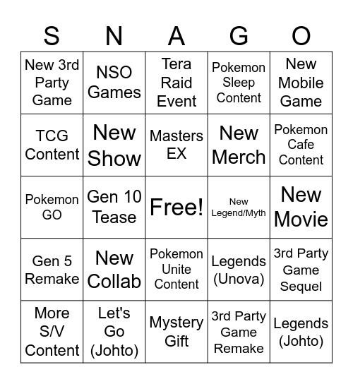 SNAGO Bingo Card