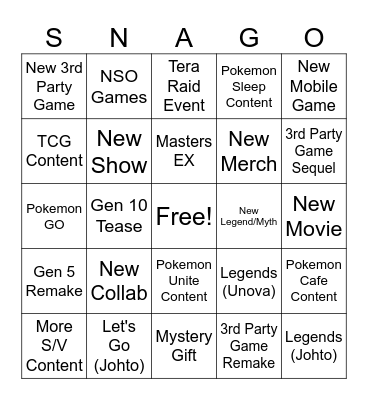 SNAGO Bingo Card