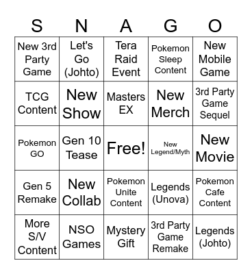 SNAGO Bingo Card