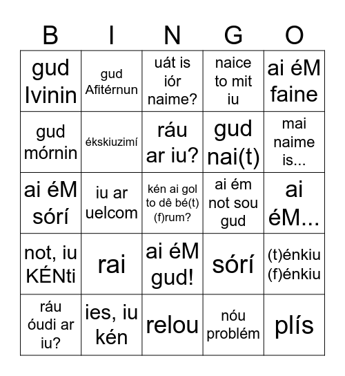 pronounciation bingo Card