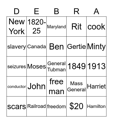 Harriet Tubman Bingo Card
