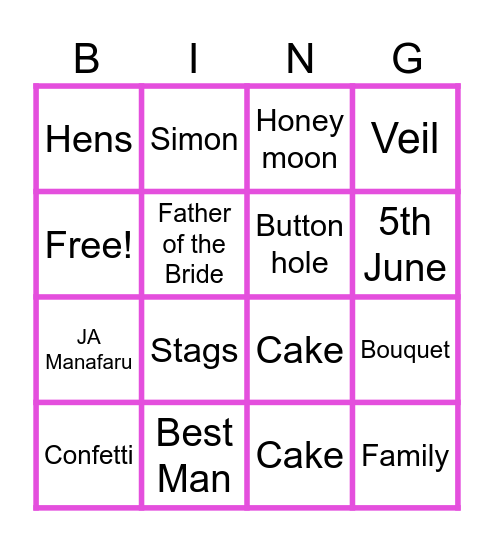 Emma's Hen Party Bingo Card