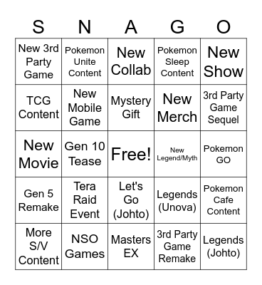 SNAGO Bingo Card