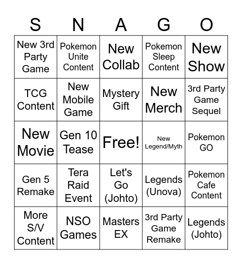 SNAGO Bingo Card