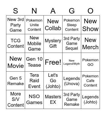 SNAGO Bingo Card