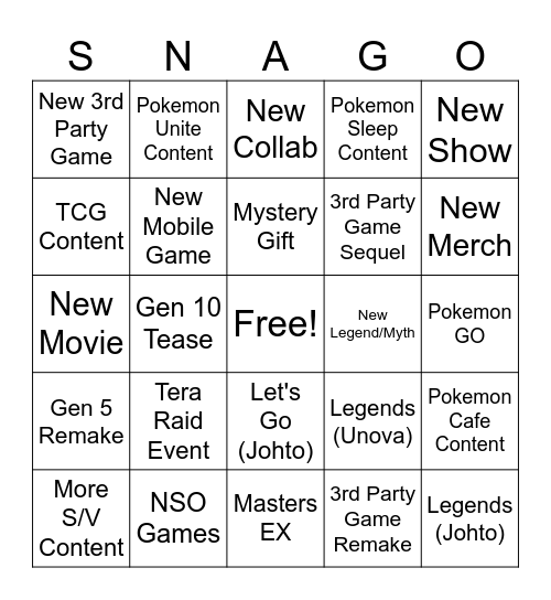 SNAGO Bingo Card