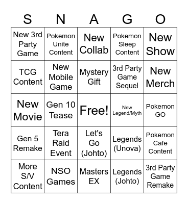 SNAGO Bingo Card