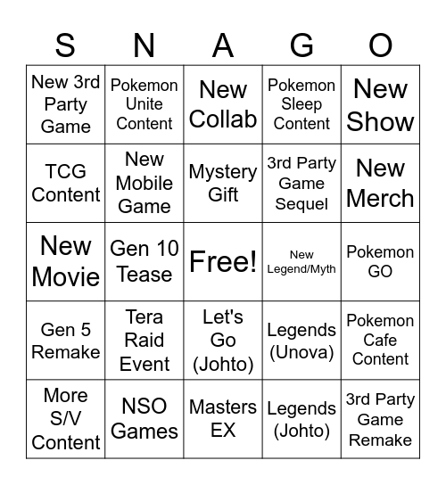 SNAGO Bingo Card