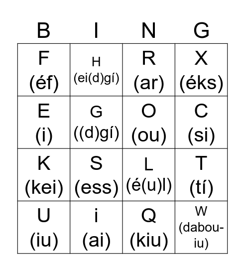 The alphabet Bingo Card