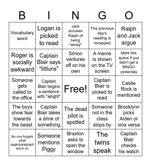 Chapter 7 - pt. 2 Bingo Card