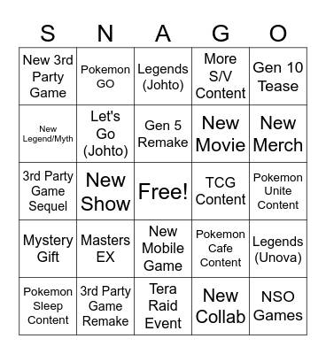 SNAGO Bingo Card