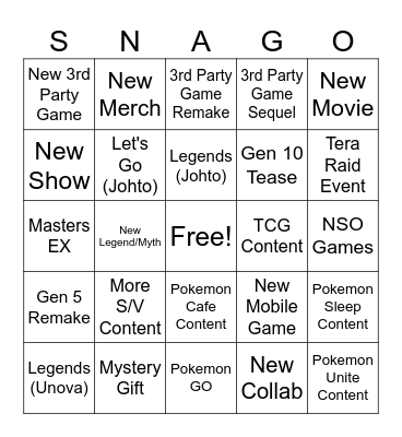 SNAGO Bingo Card