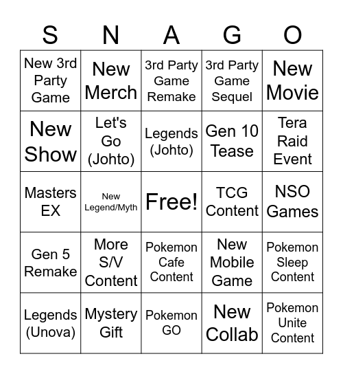SNAGO Bingo Card