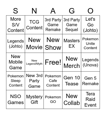 SNAGO Bingo Card