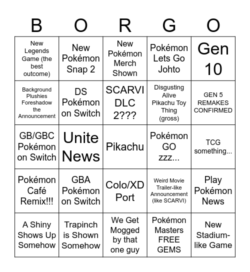 Pokemon Presents 2/27/2024 Bingo Card
